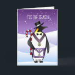Cartão De Festividades Masonic Christmas Card Holiday Penguin Grand Lodge<br><div class="desc">Your masonic brothers and their families will be tickled purple and gold when you send them this masonic Christmas card featuring a holiday penguin in Grand Lodge officer attire. This sophisticated top hat and tuxedo penguin is adorned with the Most Worshipful Grand Master jewel and apron. The message at the...</div>