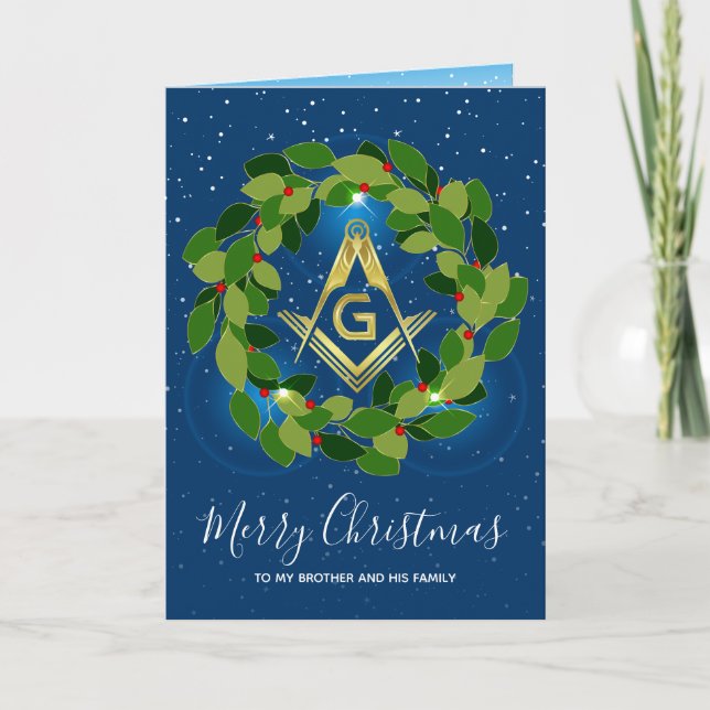 Cartão De Festividades Masonic Christmas Cards | Navy Gold Holiday Wreath (Frente)
