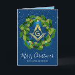 Cartão De Festividades Masonic Christmas Cards | Navy Gold Holiday Wreath<br><div class="desc">Elegant, masonic Christmas cards that you can personalize and send to your fellow lodge brothers and their families this holiday. The new and unique design features a gold square and compass in the middle of an illuminated Christmas wreath of emerald greens, golds and small red berries. The background is filled...</div>