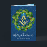 Cartão De Festividades Masonic Christmas Cards | Navy Gold Holiday Wreath<br><div class="desc">Elegant, masonic Christmas cards that you can personalize and send to your fellow lodge brothers and their families this holiday. The new and unique design features a gold square and compass in the middle of an illuminated Christmas wreath of emerald greens, golds and small red berries. The background is filled...</div>