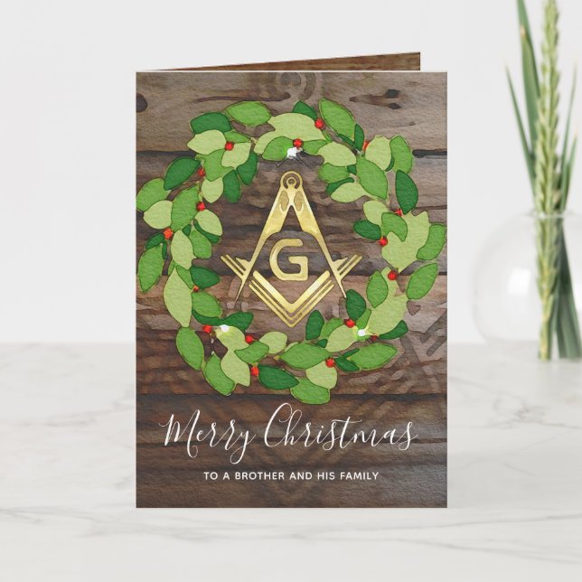 Cartão De Festividades Masonic Christmas Cards | Rustic Wood Gold (Frente)
