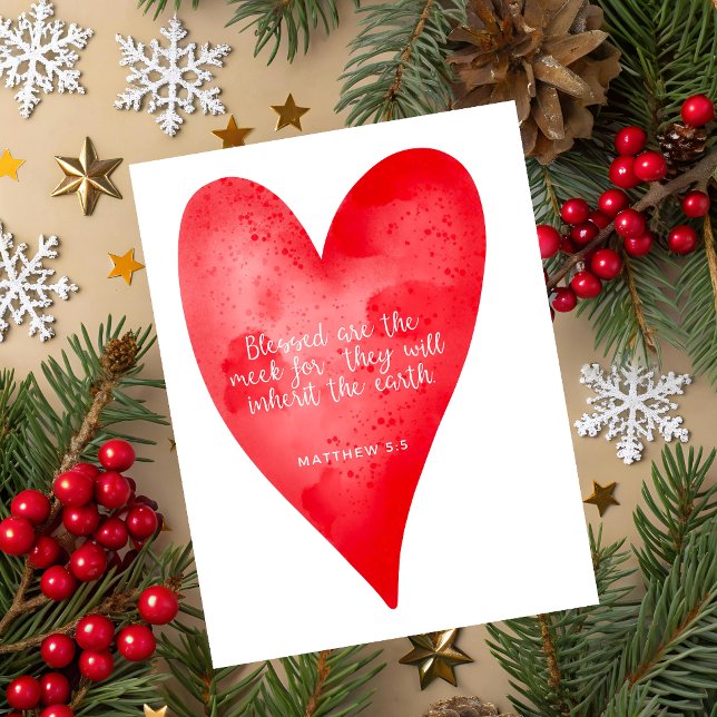 Cartão De Festividades Matthew 5:5 Scripture Christmas Greeting Card (Christmas greeting card with red watercolor heart and Matthew 5:3 Bible verse on white background.)