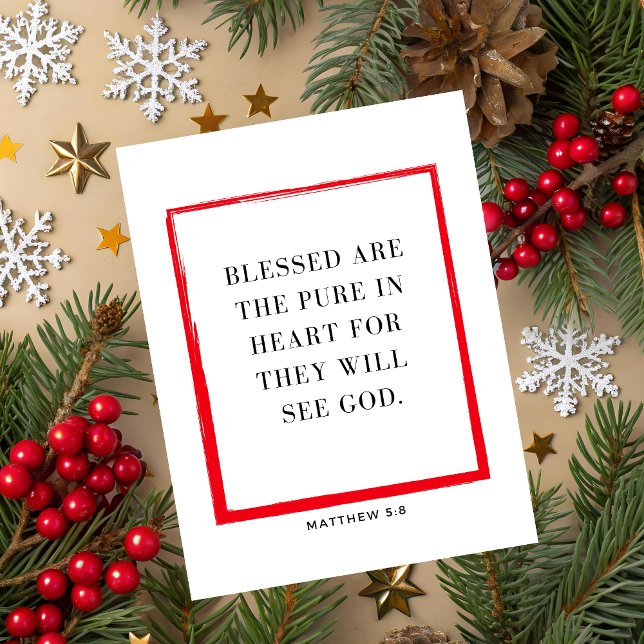 Cartão De Festividades Matthew 5:8 Bible Verse Christmas Greeting Card (Christmas greeting card with red square and Matthew 5:8 Bible verse on beige festive background.)