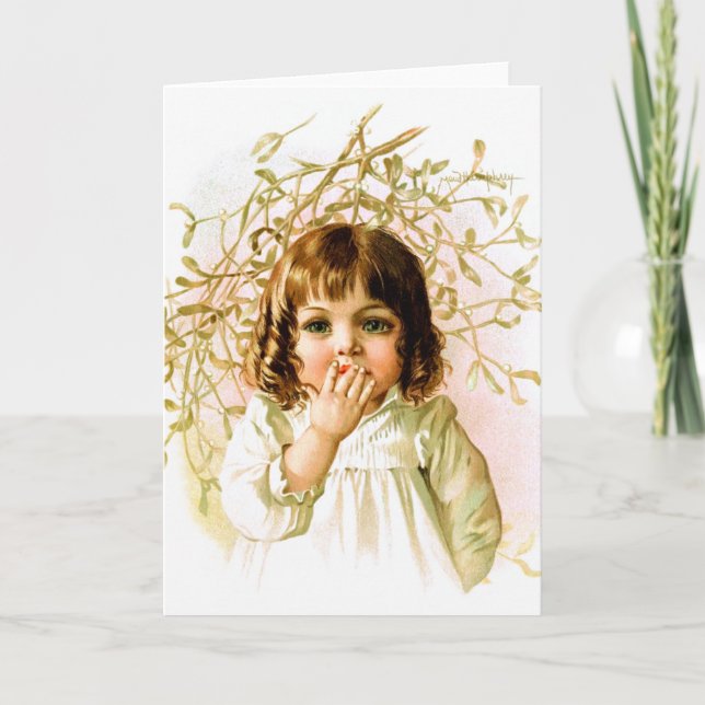 Cartão De Festividades Maud Humphrey: Winter Girl under Mistletoe (Frente)