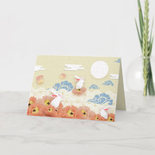 Cartão De Festividades Médio de Papercut Autumn Bunnies, Lotus, Lua