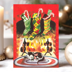 Cartão De Festividades Meias de Gato de Natal Antigo Lareira