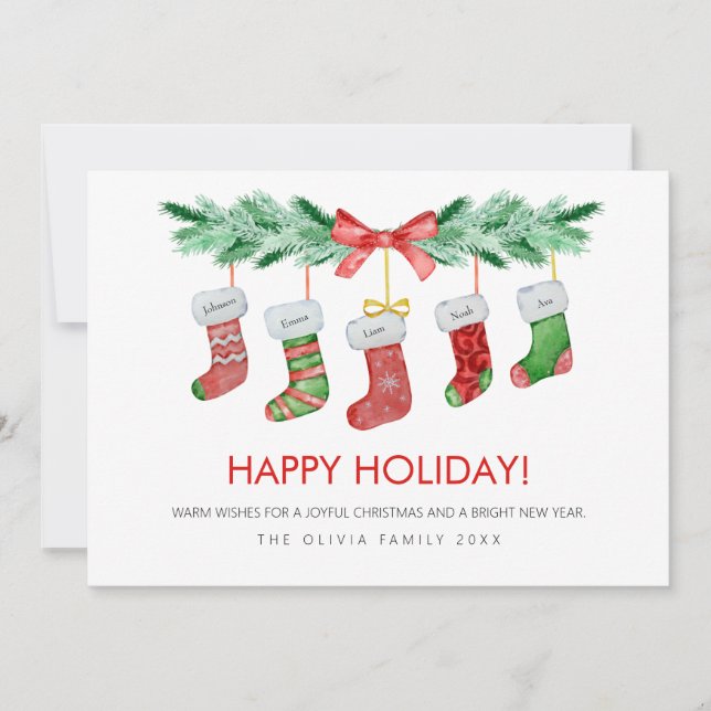 Cartão De Festividades Meias de Natal 5 Nomes da Família Feliz (Frente)