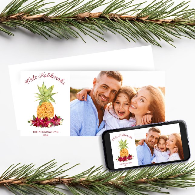 Cartão De Festividades Mele Kalikimaka Foto de Feriado Floral do Ananás (Mele Kalikimaka Floral Pineapple Holiday Photo Card)