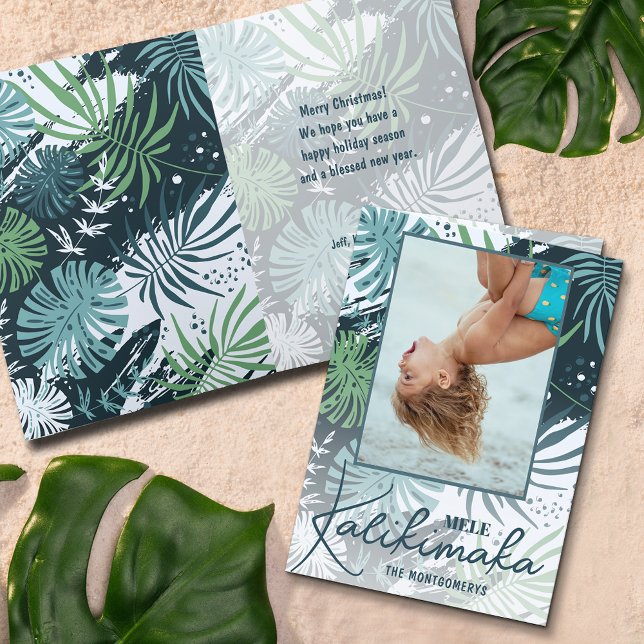 Cartão De Festividades Mele Kalikimaka Foto Dobrada Tropical (Mele Kalikimaka tropical folded holiday photo cards)