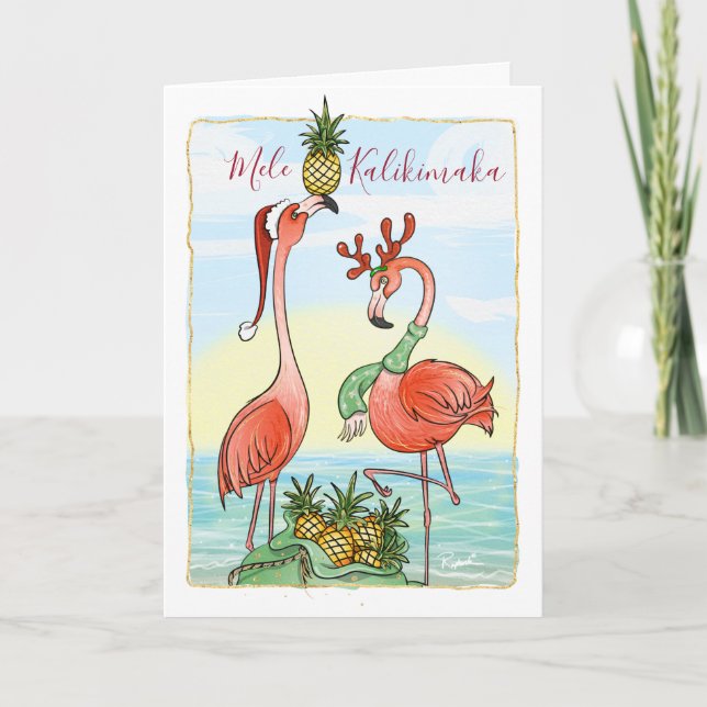 Cartão De Festividades Mele Kalikimaka Pink Flamingo de Natal (Frente)
