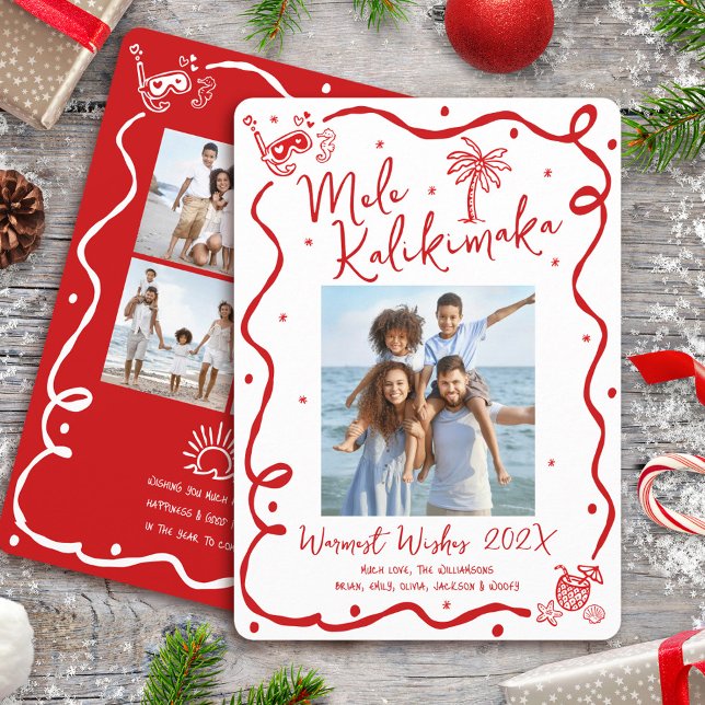 Cartão De Festividades Mele Kalikimaka Red 5 Photo Hand Drawn Christmas (Criador carregado)