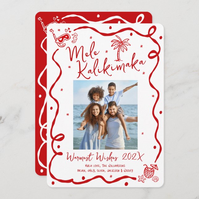 Cartão De Festividades Mele Kalikimaka Red 5 Photo Hand Drawn Christmas (Frente/Verso)