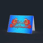 Cartão De Festividades Mele Kalikimaka Tiki<br><div class="desc">Mele Kalikimaka is Hawaiian for Merry Christmas. Celebrate a nice warm beach Christmas. Mele Kalikimaka decorated with Christmas ornaments and candy canes. And two Tiki Masks with Santa Claus Hats.</div>
