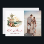 Cartão De Festividades Mele Kalikimaka Watercolor Beach Foto Floral<br><div class="desc">Cartão de férias Mele Kalikimaka, com uma fotografia em aquarela de uma praia tropical com flores e um cartões de natal impresso em letra manuscrita na frente e uma praia em aquarela e ilustrações florais no verso. Personalize facilmente este belo cartão de férias com a sua fotografia e o seu...</div>