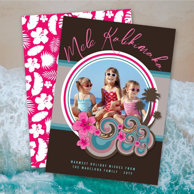 Cartão De Festividades Mele Kalimaka Hibiscus Palm Trees Foto de Natal (Criador carregado)
