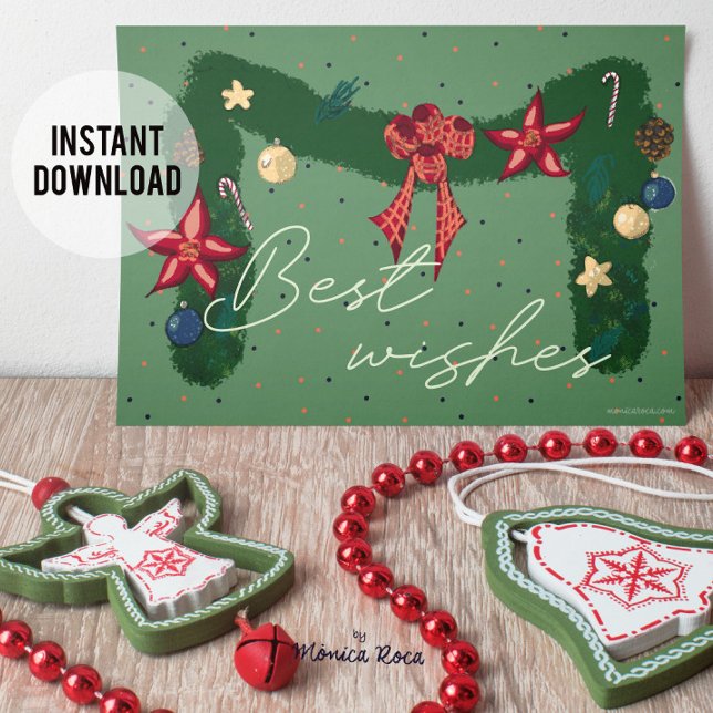 Cartão De Festividades Melhores votos. Personalizável (Christmas greeting with the typical Christmas wreath. Downloadable digital option and printed paper)