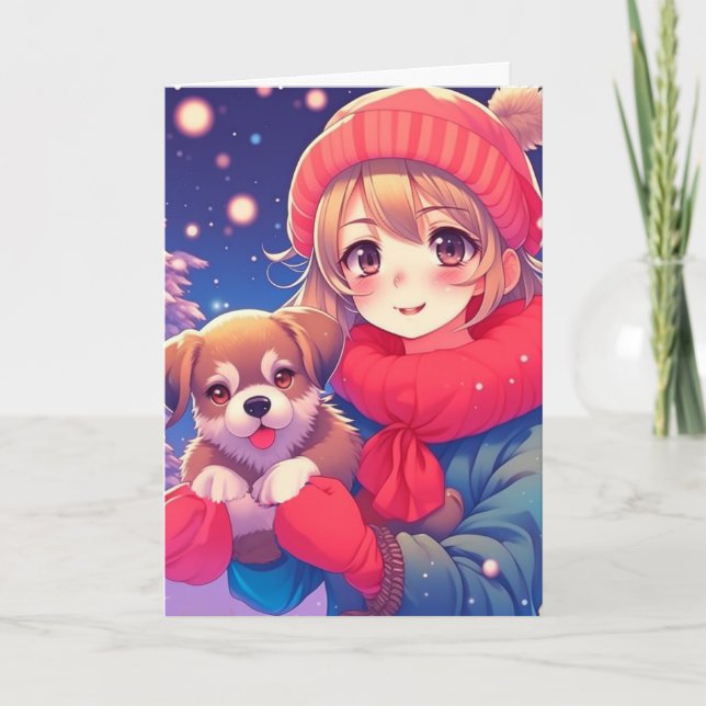 Cartão De Festividades Menina Anime com Cachorrinho Personalizado de Nata (Frente)