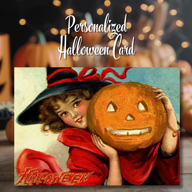Cartão De Festividades Menina Bonita Vitoriana Antiga com Abóbora Persona (Vintage Victorian Pretty Girl with Pumpkin Custom Card with editable message. Just add your name!)