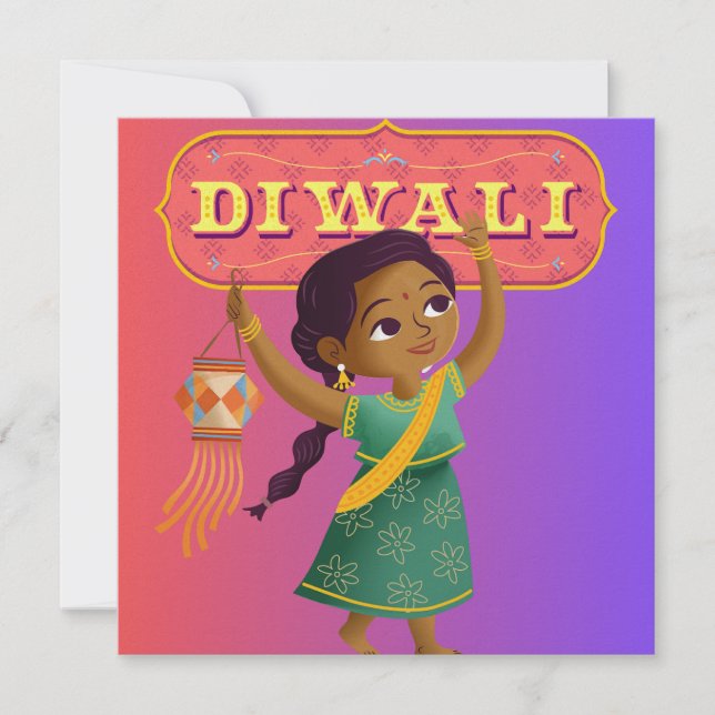 Cartão De Festividades Menina Com Placa Diwali Lanterna Personalizada Col (Frente)