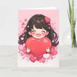 Cartão De Festividades Menina de Animação Coração de Chibi