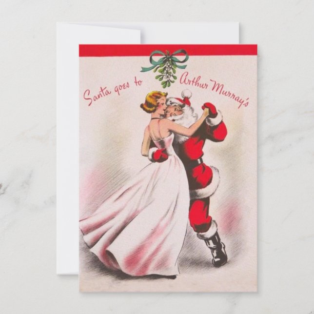 Cartão De Festividades Menina de Natal Antiga Dançando Com Papai Noel (Frente)