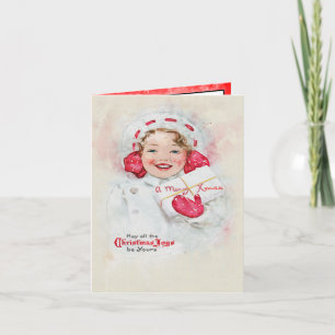Cartão De Festividades Menina de Natal Antiga Presente