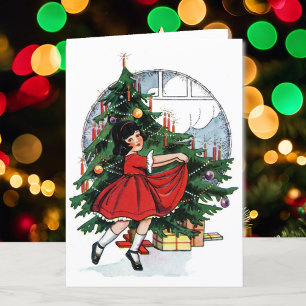 Cartão De Festividades Menina de Natal Vintage com Vestido Vermelho Cande