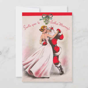Cartão De Festividades Menina do Natal Antigo Dançando Com Papai Noel