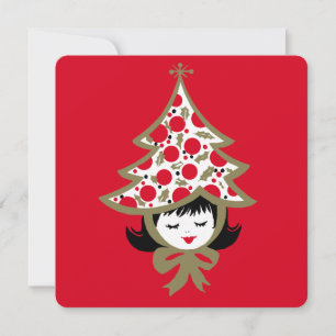Cartão De Festividades Menina do Natal Vintage com Chapéu de Árvore