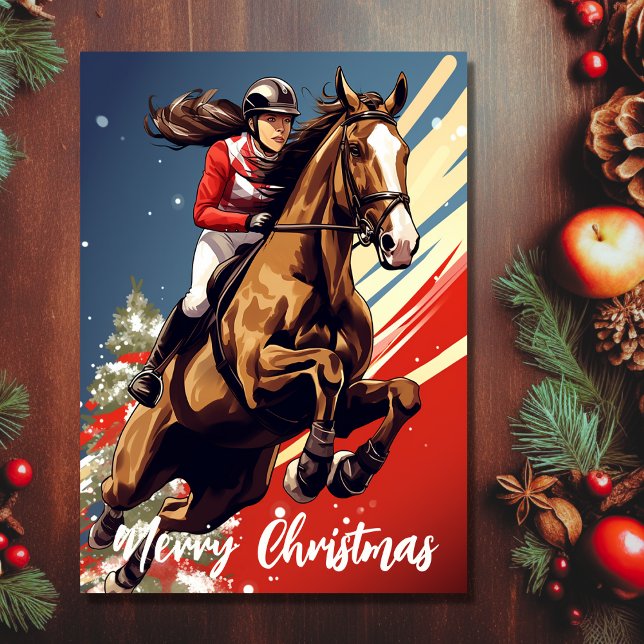 Cartão De Festividades Menina e Cavalo Saltando Feliz Natal (Front - Girl and Horse Jumping Merry Christmas Holiday Card)