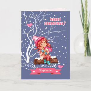Cartão De Festividades Menina e Gatinho   Nome personalizado Natal