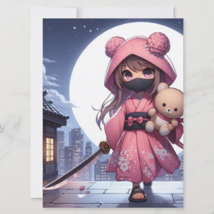 Cartão De Festividades Menina e ursinho da guerreira ninja