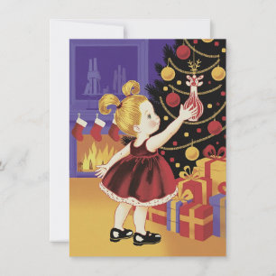 Cartão De Festividades Menina Fofa Decorando Árvore Natal Vintage