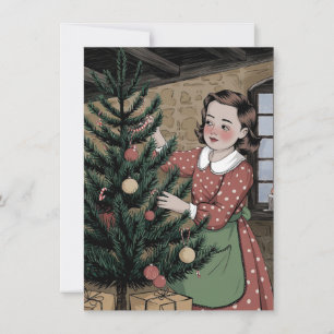 Cartão De Festividades Menina Fofa Decorando Árvore Natal Vintage