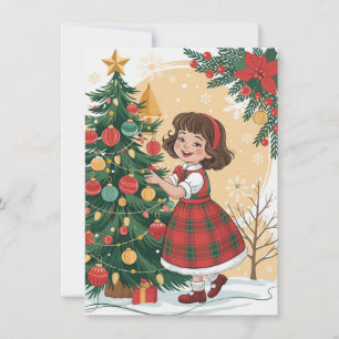 Cartão De Festividades Menina Fofa Decorando Árvore Natal Vintage