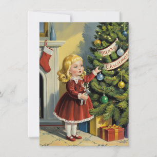 Cartão De Festividades Menina Fofa Decorando Árvore Natal Vintage
