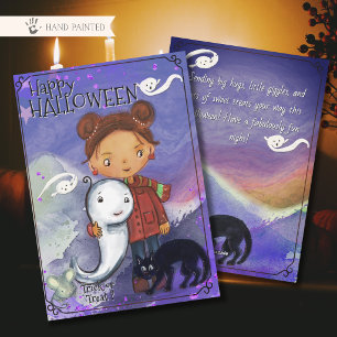 Cartão De Festividades Menina Fofa, Fantasma e Gato Preto Espetáculo As