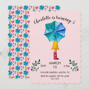 Cartão De Festividades Menina Guarda-chuva Aquarela Corações