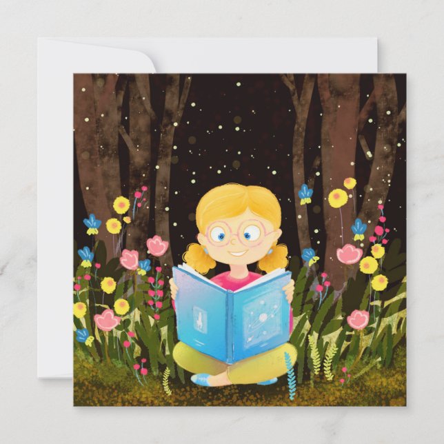 Cartão De Festividades Menina lendo um livro (Frente)