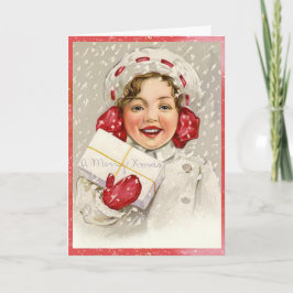 Cartão De Festividades Menina nevado do vintage do Feliz Natal