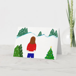 Cartão De Festividades Menina Olhando Montanhas Nevadas