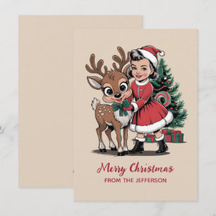 Cartão De Festividades Menina Personalizada com Rena e Árvore Natal Vinta
