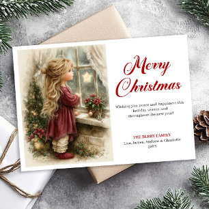 Cartão De Festividades Menina rústica esperando o Papai Noel impressão Na