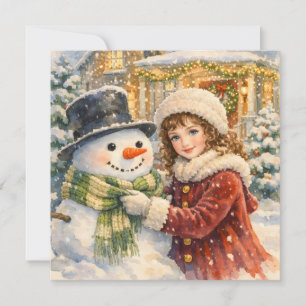 Cartão De Festividades Menina Vintage aquarela com boneco de neve de Nata