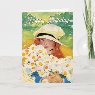 Cartão De Festividades Menina Vintage com Margaridas 