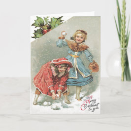 Cartão De Festividades Meninas Lindas Brigando na Bola de Neve