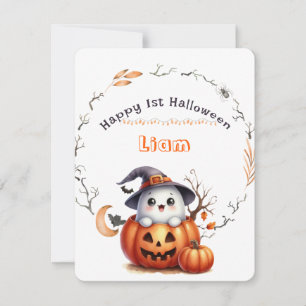 Cartão De Festividades Menino Abobora Fantasma Fofo Feliz 1º Halloween