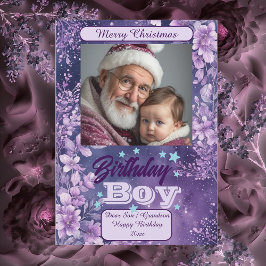 Cartão De Festividades Menino aniversariante Natal Floral Aguarela Roxa