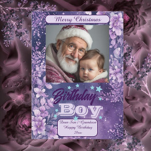 Cartão De Festividades Menino aniversariante Natal Floral Aguarela Roxa