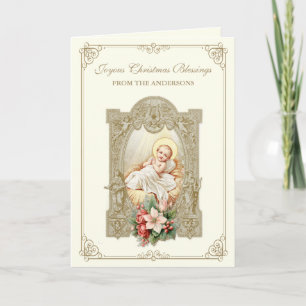Cartão De Festividades Menino Jesus católico no Natal Floral de Poinsetti